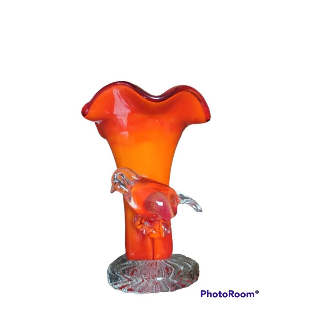 Vintage Blown Art Glass Vase Ruffled Edge w/ Applied Glass Bird Cased 4.5"